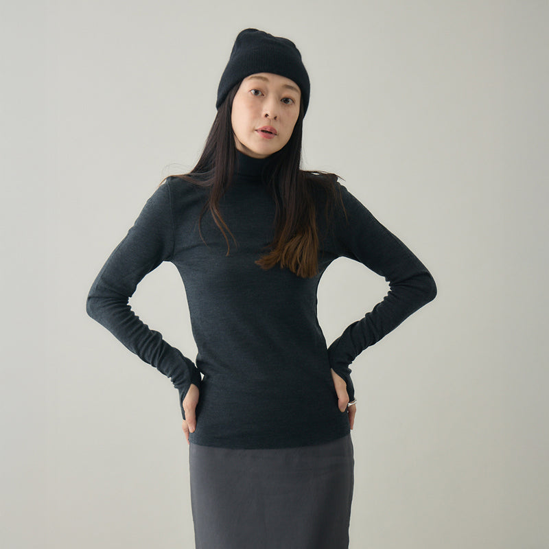 【kuros’オリジナル】ウールタートルネックロングTシャツ｜ ウール100％ 日本製 レディース