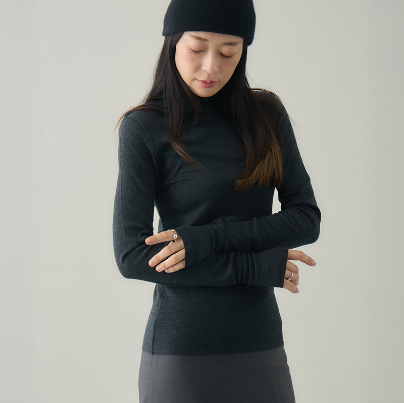 【kuros’オリジナル】ウールタートルネックロングTシャツ｜ ウール100％ 日本製 レディース