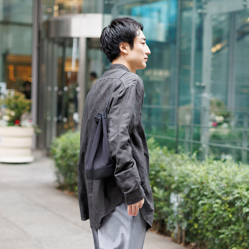 コーデュラメッシュ × レザー 3WAYショルダー　巾着バッグ　黒