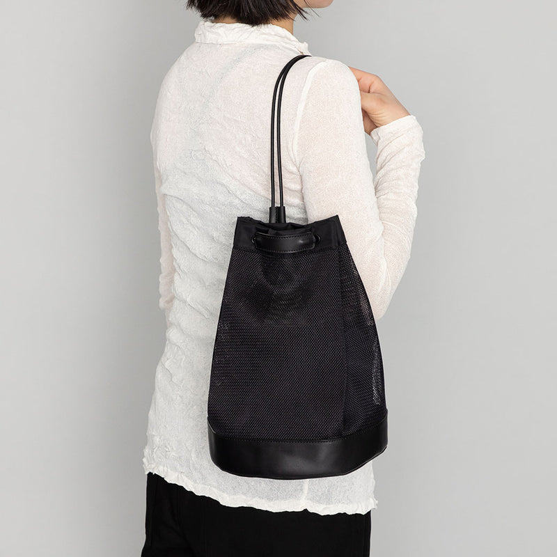コーデュラメッシュ × レザー 3WAYショルダー　巾着バッグ　黒
